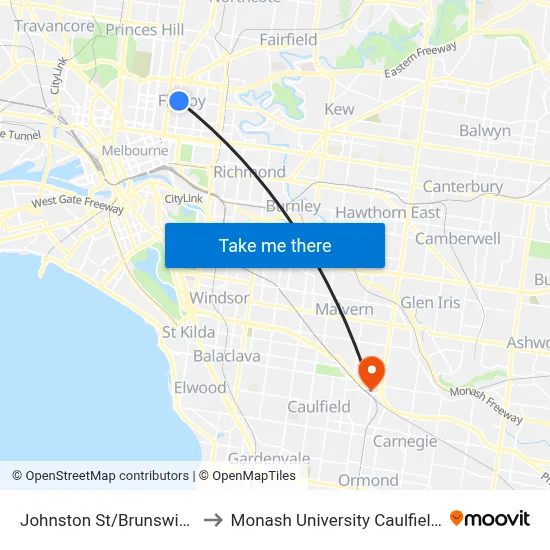 Johnston St/Brunswick St #16 to Monash University Caulfield Campus map