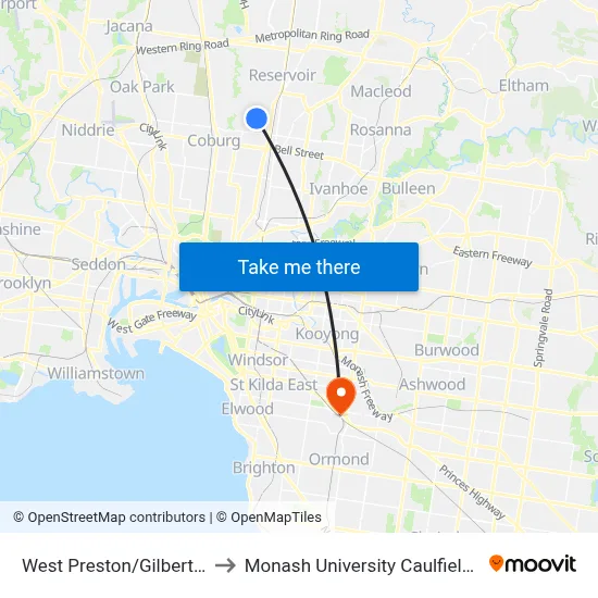 West Preston/Gilbert Rd #47 to Monash University Caulfield Campus map