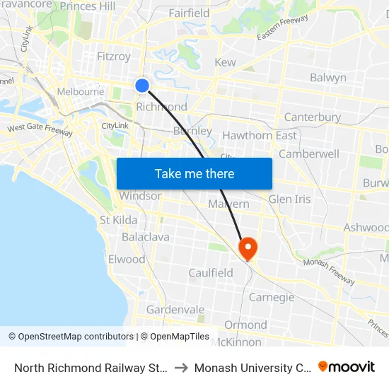 North Richmond Railway Station/Victoria St #19 to Monash University Caulfield Campus map