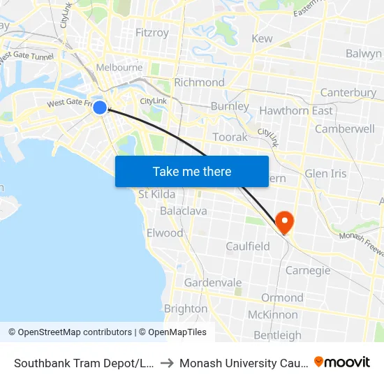Southbank Tram Depot/Light Rail #125a to Monash University Caulfield Campus map