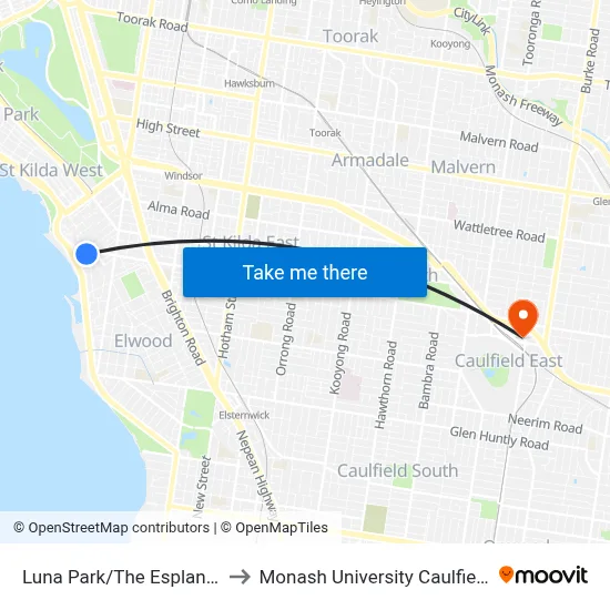Luna Park/The Esplanade #138 to Monash University Caulfield Campus map