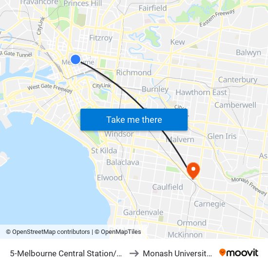 5-Melbourne Central Station/Elizabeth St (Melbourne City) to Monash University Caulfield Campus map