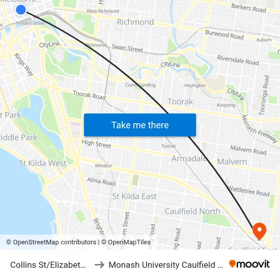 Collins St/Elizabeth St #2 to Monash University Caulfield Campus map