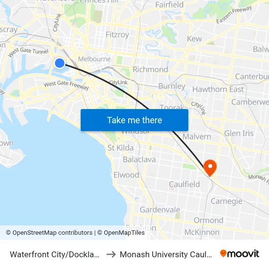Waterfront City/Docklands Dr #D11 to Monash University Caulfield Campus map