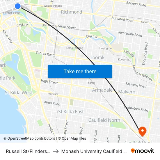 Russell St/Flinders St #6 to Monash University Caulfield Campus map
