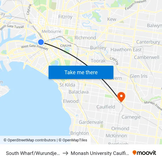 South Wharf/Wurundjeri Way #D5 to Monash University Caulfield Campus map