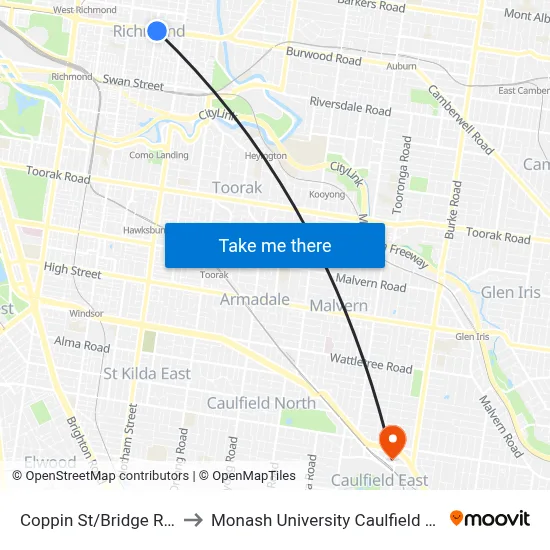 Coppin St/Bridge Rd #20 to Monash University Caulfield Campus map