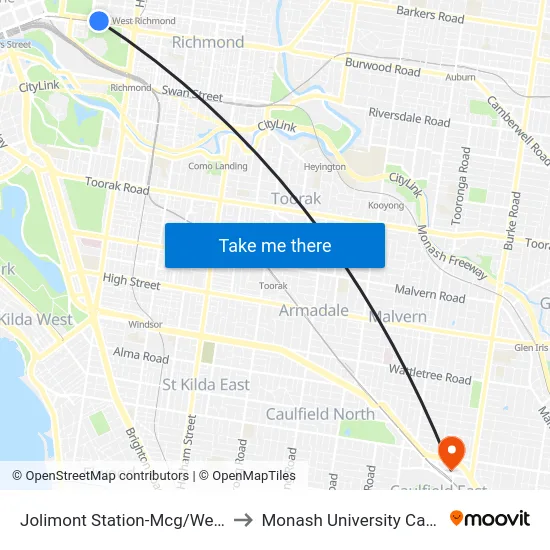 Jolimont Station-Mcg/Wellington Pde #11 to Monash University Caulfield Campus map