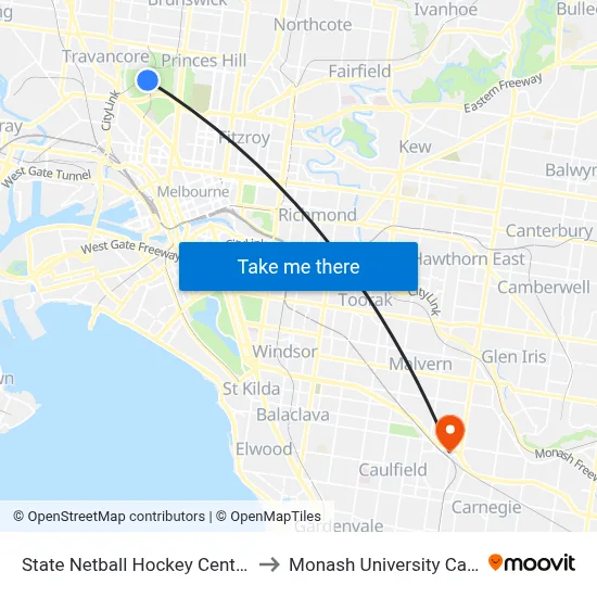 State Netball Hockey Centre/Royal Park #25 to Monash University Caulfield Campus map