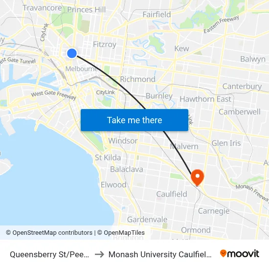 Queensberry St/Peel St #11 to Monash University Caulfield Campus map