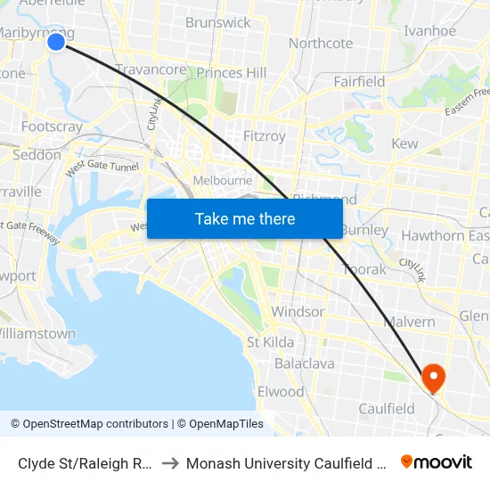 Clyde St/Raleigh Rd #42 to Monash University Caulfield Campus map