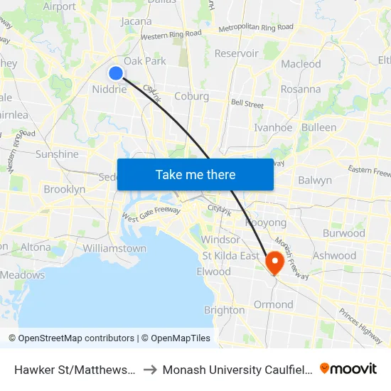 Hawker St/Matthews Ave #57 to Monash University Caulfield Campus map
