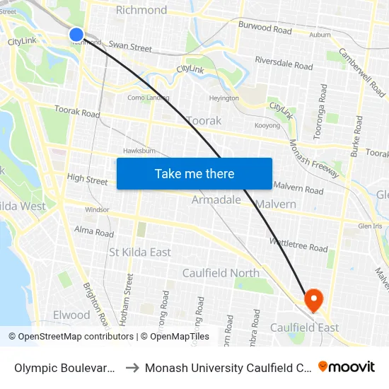 Olympic Boulevard #7d to Monash University Caulfield Campus map