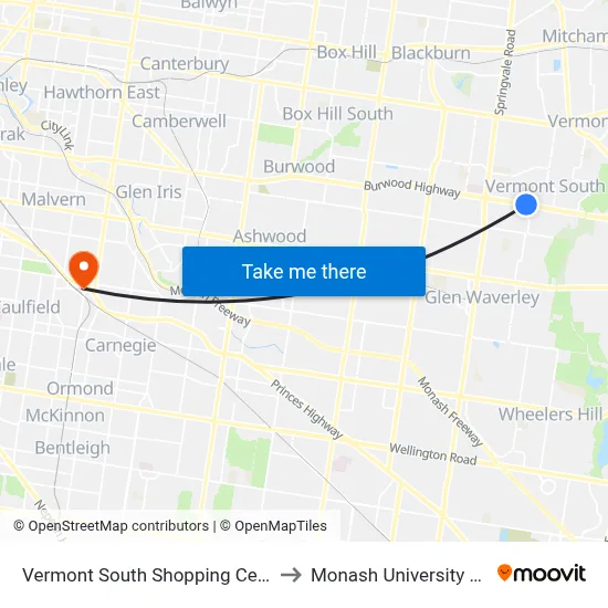 Vermont South Shopping Centre/Burwood Hwy #75 to Monash University Caulfield Campus map