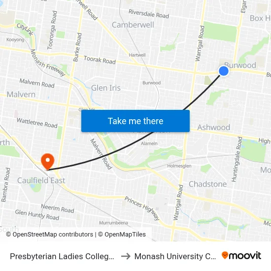Presbyterian Ladies College/Burwood Hwy #61 to Monash University Caulfield Campus map