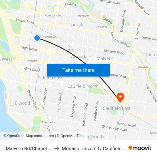 Malvern Rd/Chapel St #47 to Monash University Caulfield Campus map