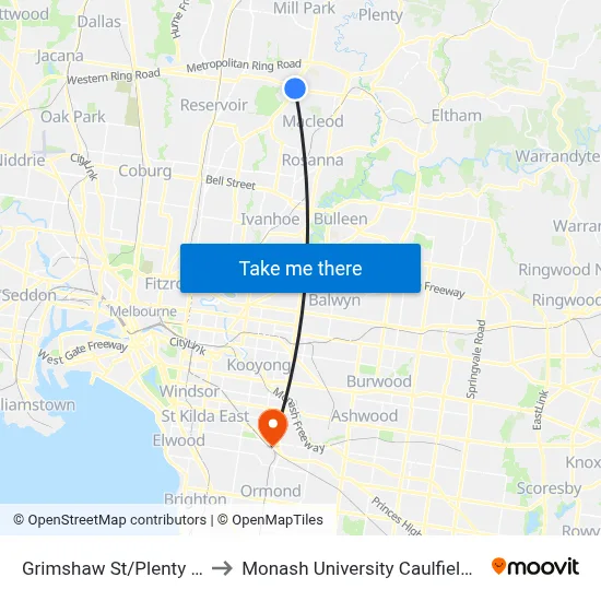 Grimshaw St/Plenty Rd #65 to Monash University Caulfield Campus map