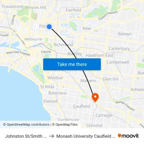 Johnston St/Smith St #19 to Monash University Caulfield Campus map
