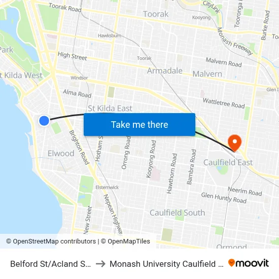 Belford St/Acland St #139 to Monash University Caulfield Campus map