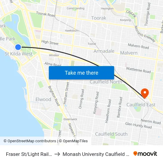 Fraser St/Light Rail #131 to Monash University Caulfield Campus map