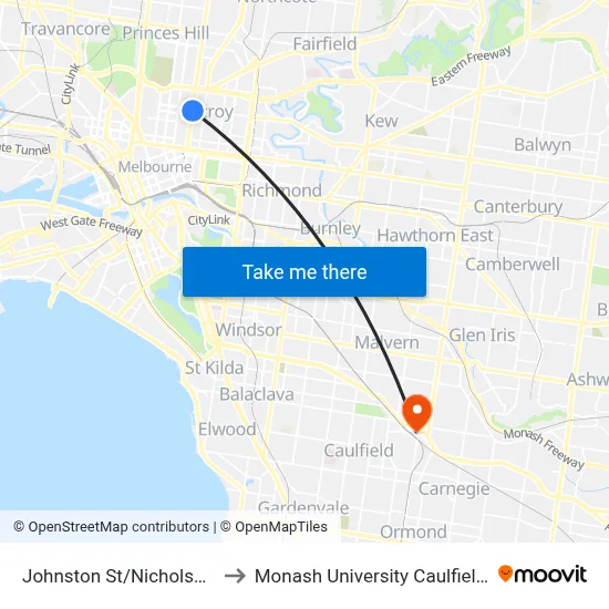 Johnston St/Nicholson St #13 to Monash University Caulfield Campus map