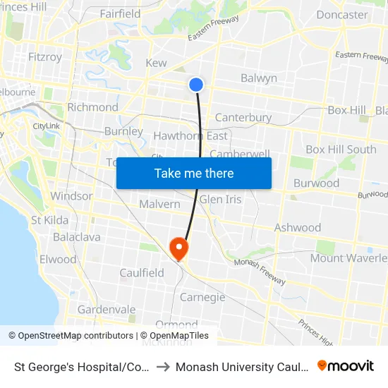 St George's Hospital/Cotham Rd #40 to Monash University Caulfield Campus map