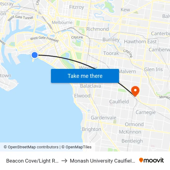 Beacon Cove/Light Rail #129 to Monash University Caulfield Campus map