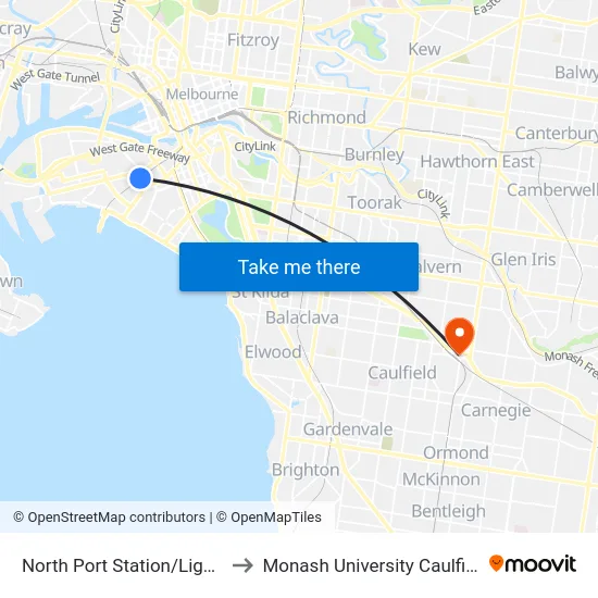 North Port Station/Light Rail #127 to Monash University Caulfield Campus map