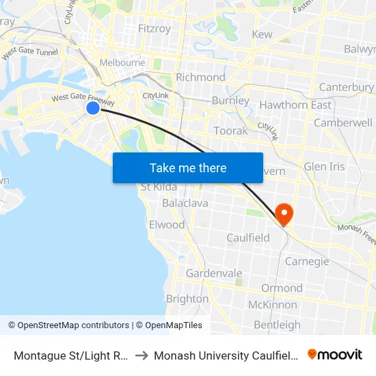 Montague St/Light Rail #126 to Monash University Caulfield Campus map