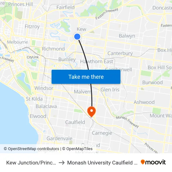Kew Junction/Princess St to Monash University Caulfield Campus map