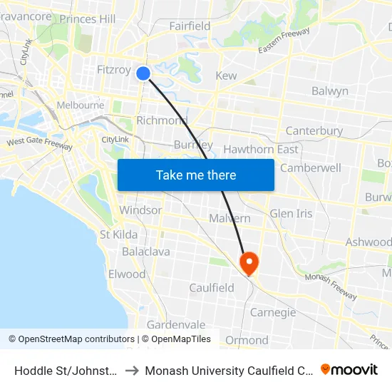 Hoddle St/Johnston St to Monash University Caulfield Campus map