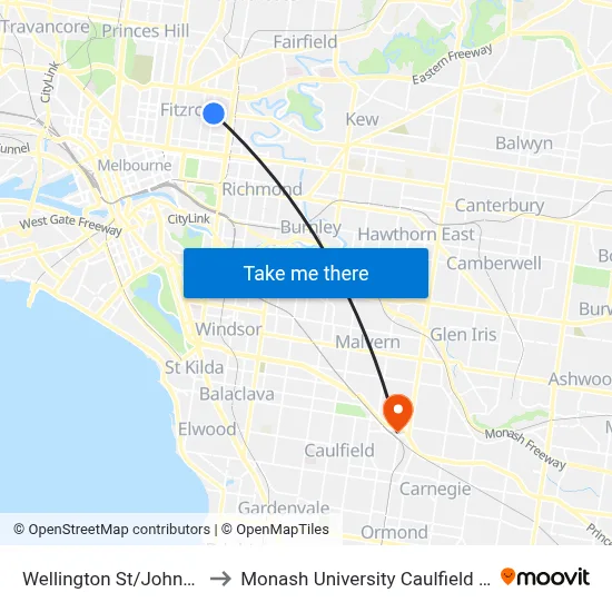 Wellington St/Johnston St to Monash University Caulfield Campus map