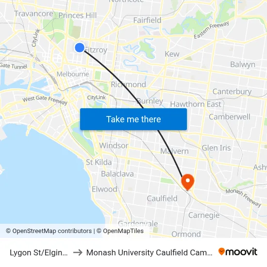 Lygon St/Elgin St to Monash University Caulfield Campus map