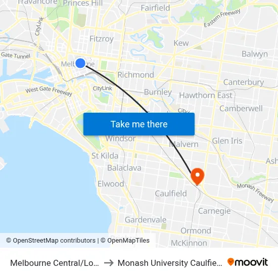 Melbourne Central/Lonsdale St to Monash University Caulfield Campus map