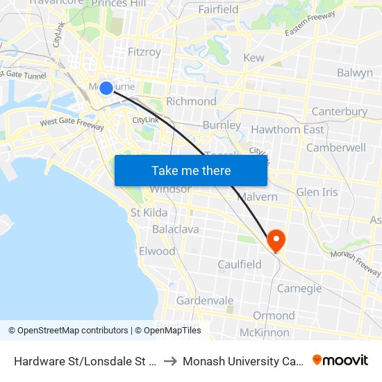 Hardware St/Lonsdale St (Melbourne City) to Monash University Caulfield Campus map