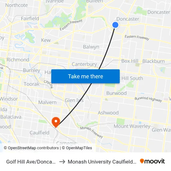 Golf Hill Ave/Doncaster Rd to Monash University Caulfield Campus map