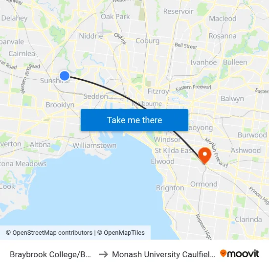 Braybrook College/Ballarat Rd to Monash University Caulfield Campus map