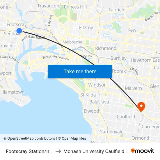 Footscray Station/Irving St to Monash University Caulfield Campus map