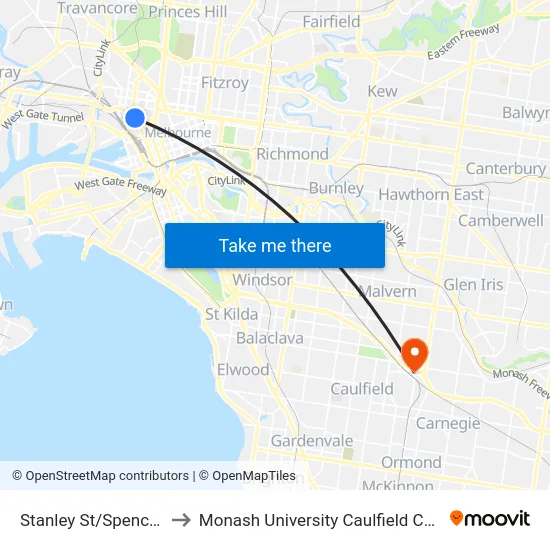 Stanley St/Spencer St to Monash University Caulfield Campus map