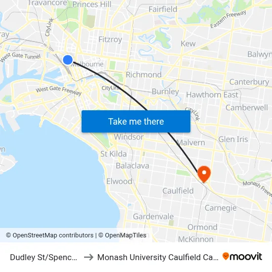 Dudley St/Spencer St to Monash University Caulfield Campus map
