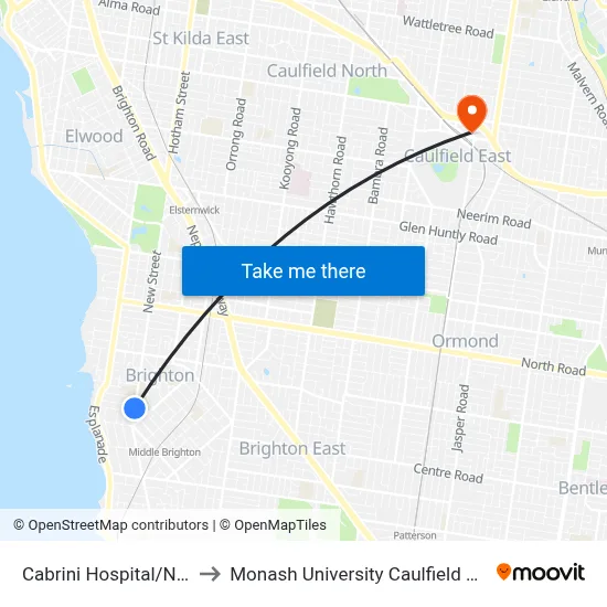 Cabrini Hospital/New St to Monash University Caulfield Campus map