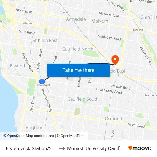 Elsternwick Station/20 Horne St to Monash University Caulfield Campus map