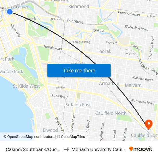 Casino/Southbank/Queens Bridge St to Monash University Caulfield Campus map