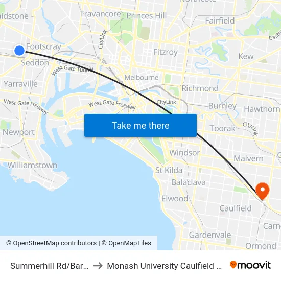 Summerhill Rd/Barkly St to Monash University Caulfield Campus map