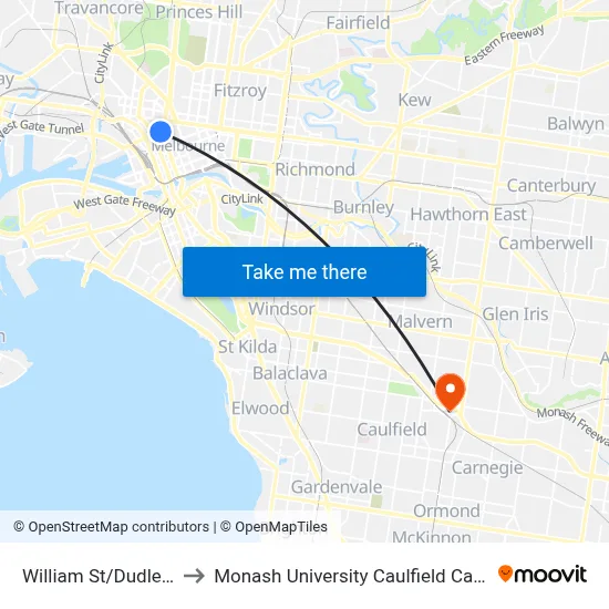 William St/Dudley St to Monash University Caulfield Campus map