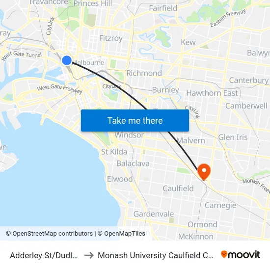 Adderley St/Dudley St to Monash University Caulfield Campus map