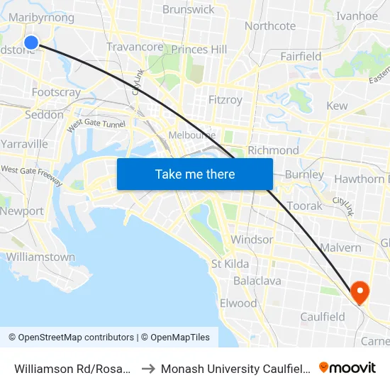 Williamson Rd/Rosamond Rd to Monash University Caulfield Campus map