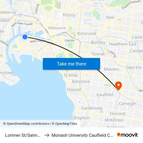 Lorimer St/Salmon St to Monash University Caulfield Campus map