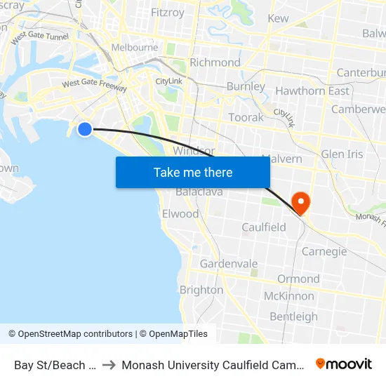 Bay St/Beach St to Monash University Caulfield Campus map
