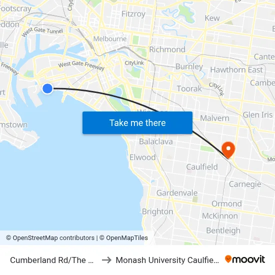 Cumberland Rd/The Boulevard to Monash University Caulfield Campus map